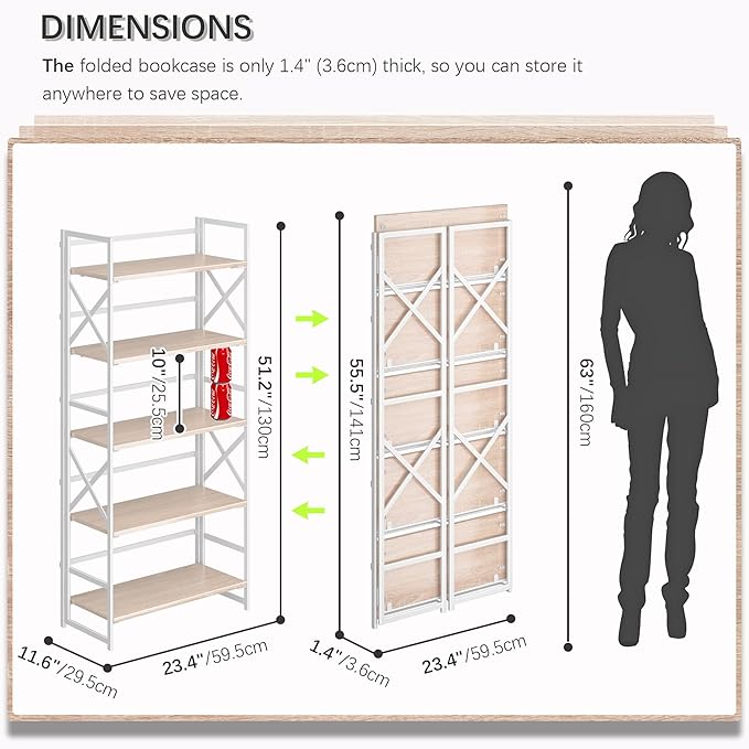 4NM 5 Tiers No Assembly Book Shelves, 51.2" H Folding Bookshelf Bookcase Open Industrial Foldable Shelves for Bedroom, Living Room, Home Office - Natural White-Ruum Studio Home