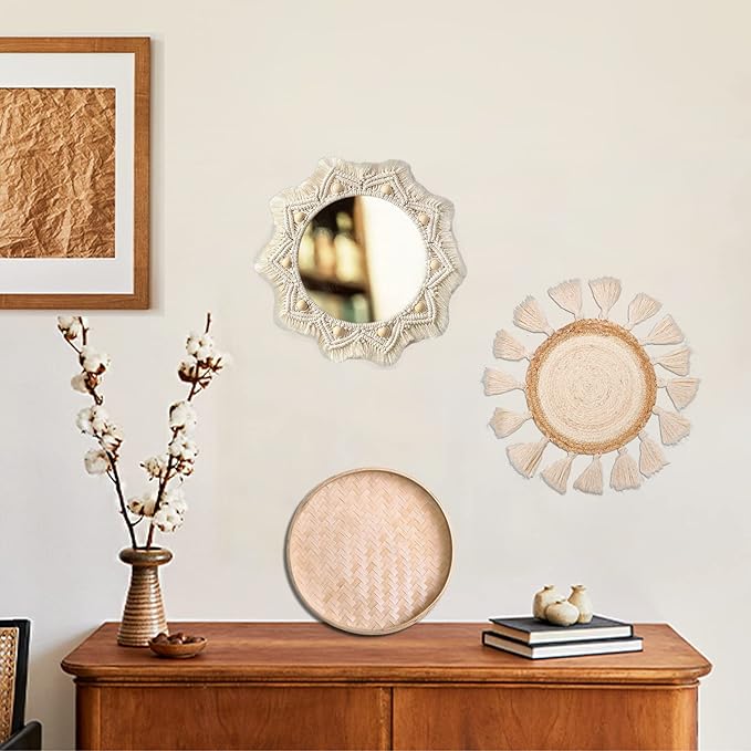 Boho Wall Basket Decor Set - Flat Woven Macrame Tapestry, Mirror White Round Tassels, Handmade Rattan Wicker Seagrass Wall Basket-Ruum Studio Home
