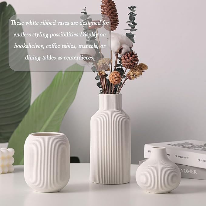 Ceramic Vase Set of 3, Decorative Vases Home Decor Modern Minimalist Pottery Vases for Bouquet Pampas Grass Dried Fresh Flowers, Bookshelf, Living Room, Shelf, Bedroom, Entryway Mantel Decor-White-Ruum Studio Home