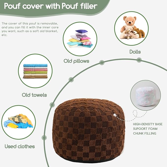 HIGOGOGO Round Stuffed Pouf Ottoman, Plaid Poufs with Foam Chunk Filling, Fluffy and Furry Pouf Foot Stool Storage Ottoman, 20 X 15 Floor Poufs Foot Rest for Living Room, Coffee-Ruum Studio Home