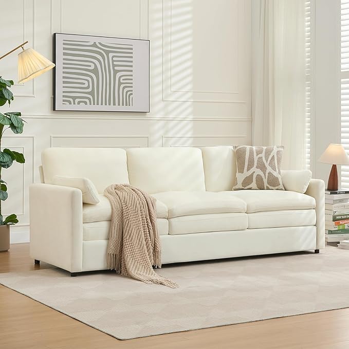 Tbfit Modern Couch Sofa, 89" Cloud Couch w/Pillows, Pocketed Spring Seat, Comfy 3-Seater Plush Foam Cushions, Chenille Fabric Removable Covers, Soft Upholstered Living Room Furniture Apartment, Beige-Ruum Studio Home