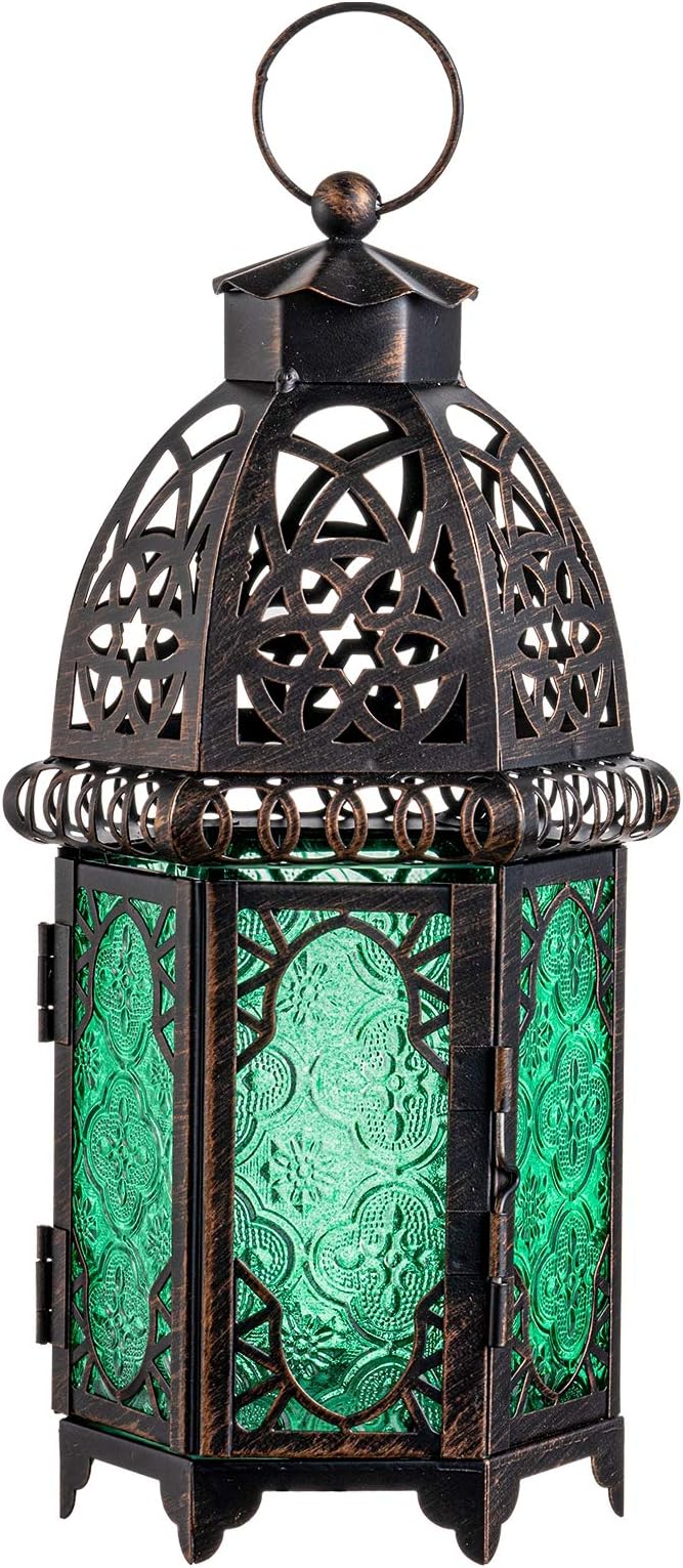 NEEDOMO Hanging Moroccan Lantern, 12.8'' Vintage Candle Holder, Metal Lanterns Decorative Indoor Outdoor, Table, Patio, Porch, Shelf, Gothic Home Decor (Green, Large Size)-Ruum Studio Home