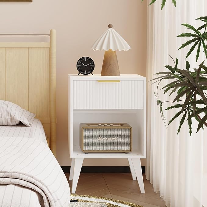 Fluted Night Stand with Opening Storage,Mid Century Bedside Table with Drawer,Modern Nightstand with Solid Wood Legs,End Table Side Table for Living Room,Bedroom,White CTG56W-Ruum Studio Home