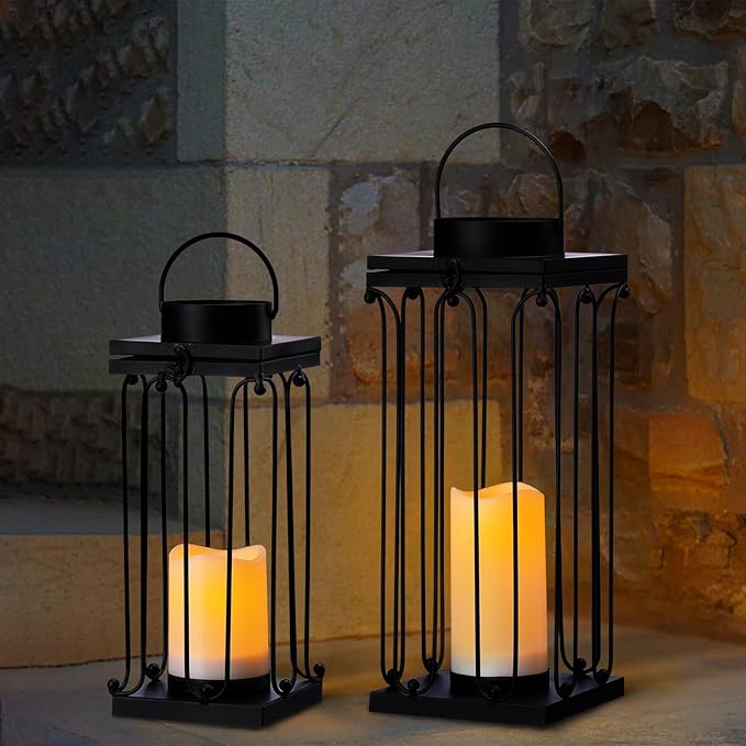 Solar Lantern Decorative Outdoor Set of 2 (18’’ & 15’’) Modern Black Metal Lanterns with Solar Candles, Decorative Candle Lanterns for Outdoor Porch, Patio, Garden, Yard Decor-Ruum Studio Home