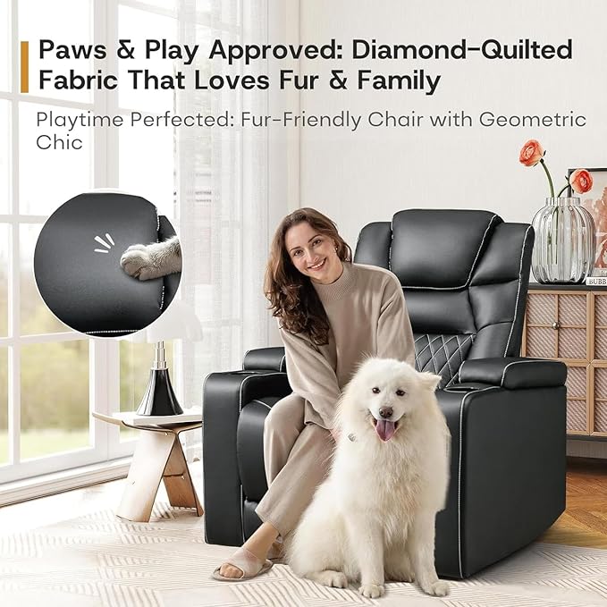 ANJ Power Home Theater Recliner Chair Set of 2, Electric Movie Theater Seating Reclining Chairs with Cup Holders for Living Room, Faux Leather with Blue LED, USB Ports, Hidden Arm Storage (Black)-Ruum Studio Home
