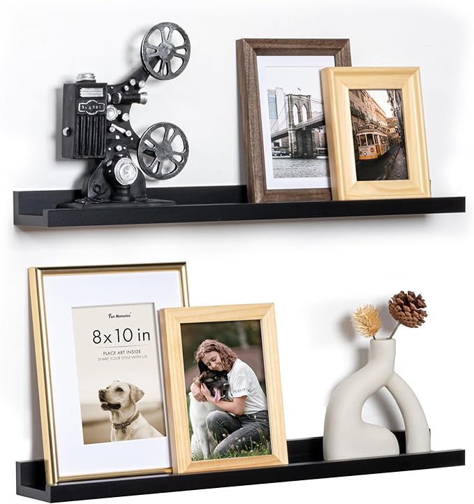 Fun Memories Picture Ledge Shelf, 24 Inch Floating Shelves Set of 2, Nursery Book Shelves for Toys Storage, Kids Bookshelf Wall Mounted for Wall Decor Books Photo Frames, Black-Ruum Studio Home