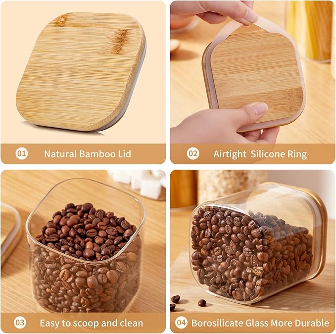 Square Glass Food Storage Jars with Lids[Set of 5], Perfect for Pasta, Cookies, Nuts, Coffee, Cereal, Flour,Organize Your Kitchen and Pantry with these BPA-Free Glass Jars with Canisters-Ruum Studio Home