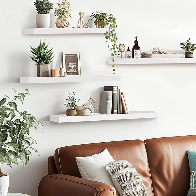 Floating Wall Shelves 4-Pack - Rustic White 16-inch Wooden Wall Shelves for Storage and Décor, Multi-Functional and Easy to Install for Living Room, Bedroom, and Kitchen-Ruum Studio Home