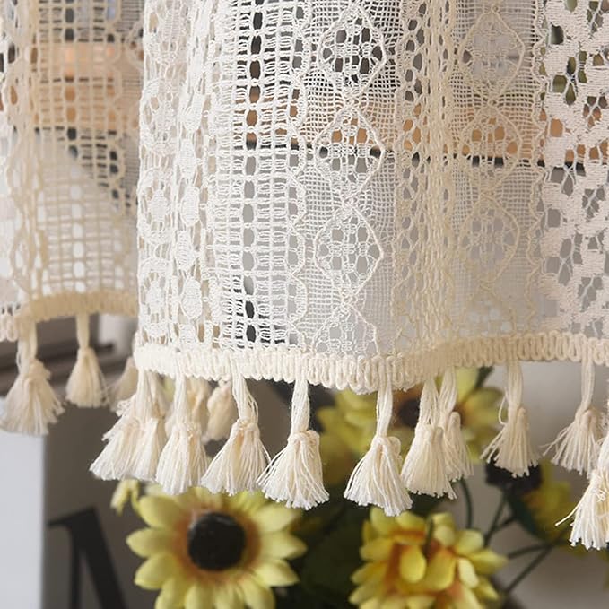 Sutuo Home Boho Sheer Curtain Valance Crochet Lace with Bohemian Hollow Knitted Handmade Tassels, Short Farmhouse Window Treatment for Kitchen Cafe, Rod Pocket, 1 Panel 59" W x 18" L, Beige-Ruum Studio Home