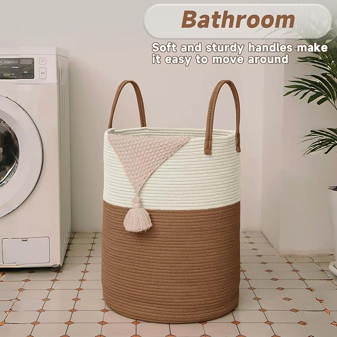 Large Woven Laundry Basket Hamper,80L Cotton Rope Storage Bin for Blankets,Toys and Clothes,Decorative Tall Nursery Hamper for Living Room,Baby Nursery,Bathroom and Bedroom,White and Brown-Ruum Studio Home