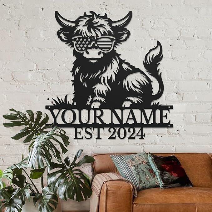 Personalized Highland Cow Name metal Signs,Custom Highland Cow Metal Shed Wall Decor,Black Metal Wall Art Plaques Outdoor wall Decorative Signage (Style C)-Ruum Studio Home