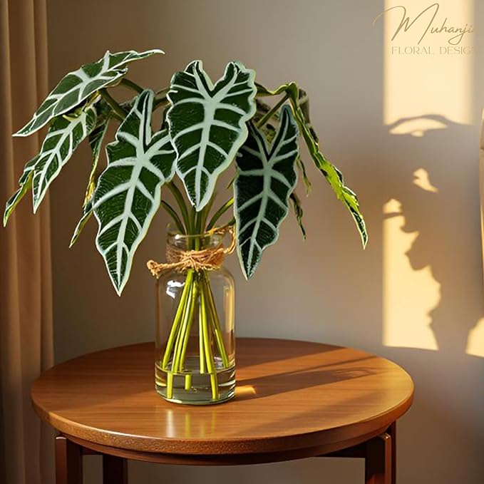 Artificial Flowers Turtle-Back, Alocasia Leaf, in Glass Vase with Faux Water,7Pcs Artificial Leaves Real Touch Latex Leaves for Centerpiece (2, Turtle-Back&Alocasia Leaves)-Ruum Studio Home