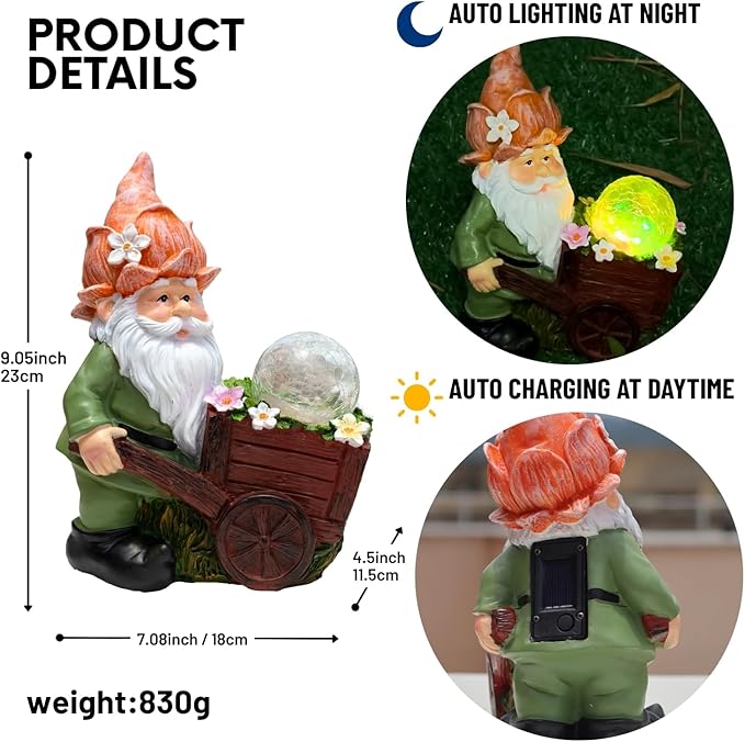 Solar Garden Gnome Statue with Crackle Glass Globe Lights, Waterproof Outdoor Decor for Patio, Lawn, or Yard, Whimsical Housewarming Gift(Green Gnomes)-Ruum Studio Home