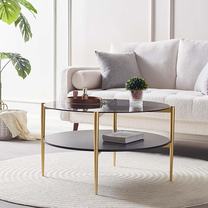 Round Coffee Table for Living Room, Mid-Century Modern Design, D30 x H17, 2-Tier Structure, Grey Glass Top and Black Marble Finish Wood Shelf, Sleek Conical Metal Legs with Gold Finish Frame-Ruum Studio Home
