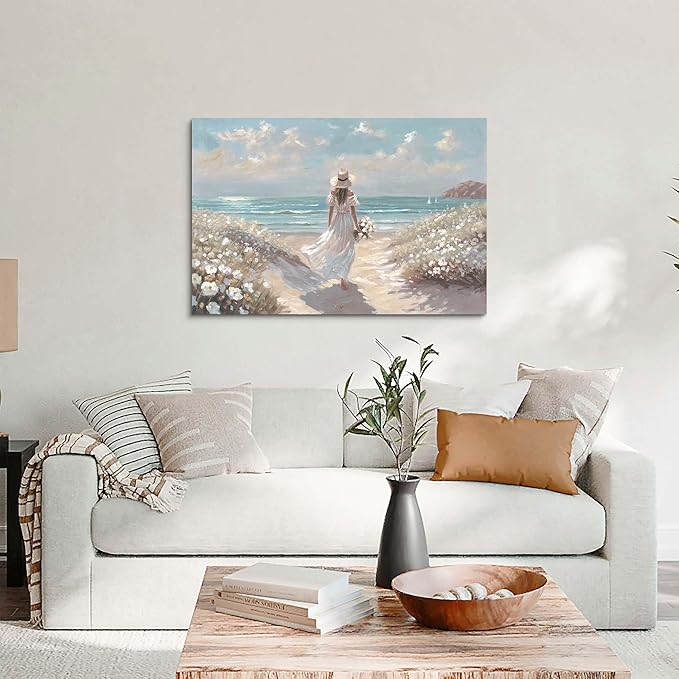 cozy country Beach Wall Art 36"x24" - Coastal Pictures Ocean Canvas Decor - Nautical Artwork Seascape Hand Painting for Girls Room, Sea House-Ruum Studio Home