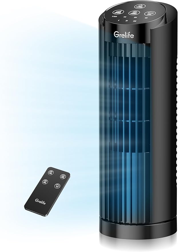 Grelife 13'' Tower Fan for Bedroom, 26dB Quiet Floor Fan with Remote, 3 Mode, 1-8H Timer, 90° Oscillating Fans for Indoors with 27ft/s Velocity, Portable Desk Table Fan for Room, Home, Office,Black-Ruum Studio Home