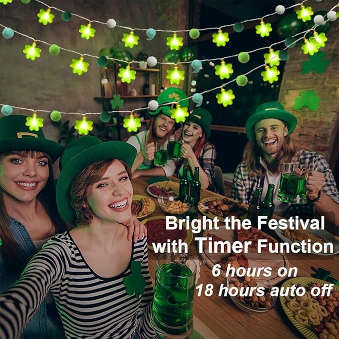 9.85Ft St Patricks Day Lights Garland 20 Pompoms 20 LEDs Green Lucky Clover Lights Shamrock String Lights with Timer for Indoor Bedroom Party Bar Garden St. Patrick's Day Decoration Green Irish Decor-Ruum Studio Home