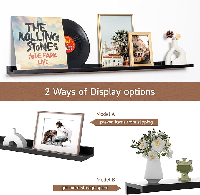 Fun Memories Picture Ledge Shelf, 48 Inch Floating Shelves Set of 2, Large Nursery Book Shelves for Toys Storage, Kids Bookshelf Wall Mounted for Wall Decor Books Photo Frames, Black-Ruum Studio Home