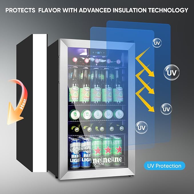 120 Can Beverage Refrigerator – Mini Fridge with Glass Door for Soda Beer or Wine, Beverage Cooler for Bedroom, Office, Bar with Adjustable Shelves & Digital Temperature Display, Silver-Ruum Studio Home
