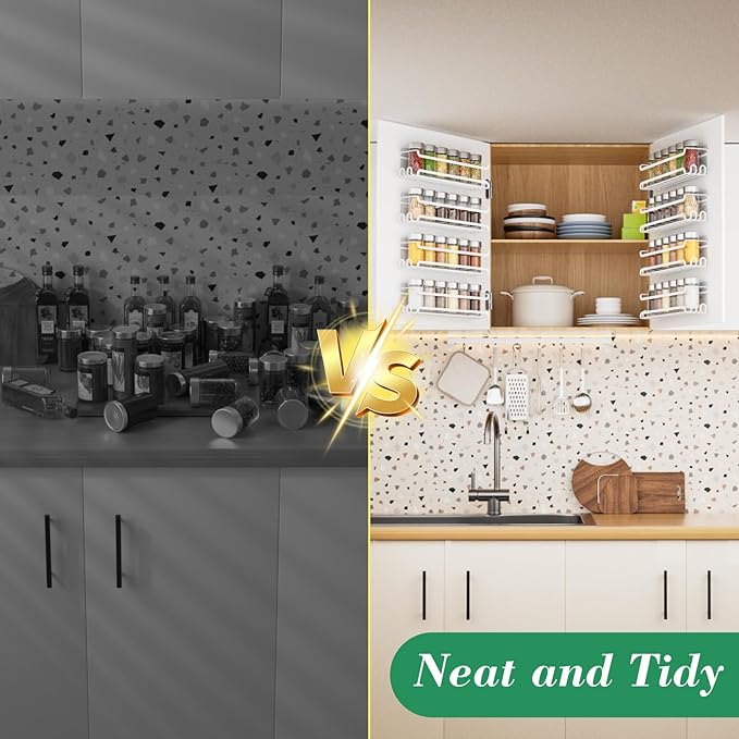 LUCYCAZ 8 Pack Wall Mounted Spice Rack with 16 Hooks, Spice Organizer Shelf for Stove Cabinet Pantry Door,Screw or Adhesive Spice Shelf Hanging Wall Spice Rack in Kitchen and RV (White, 8 PACK)