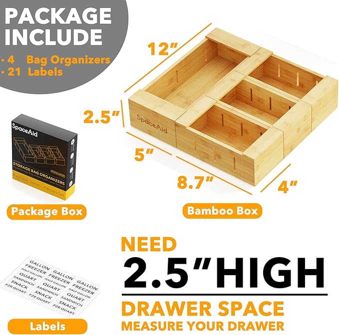 SpaceAid Bag Storage Organizer for Kitchen Drawer, Bamboo Organizer, Compatible with Gallon, Quart, Sandwich and Snack Variety Size Bag (4 Pack), 2.5" High-Ruum Studio Home