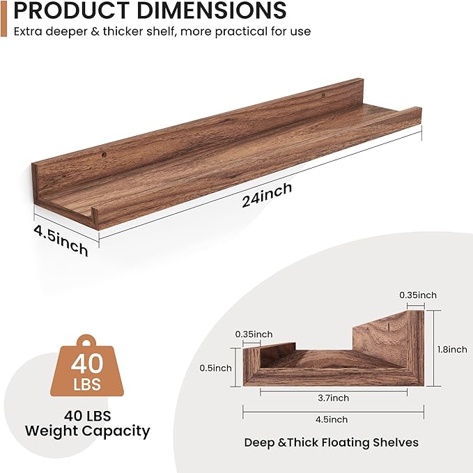 Fun Memories Picture Ledge Shelves Set of 2, 24 Inch Rustic Wall Mounted Floating Shelves with Lip for Home Storage and Décor in Bathroom, Kitchen, Nursery, Bedroom, Living Room, Walnut-Ruum Studio Home