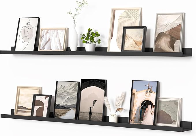 Heimlove Picture Ledge Shelf, Floating Shelves Set of 2, 56 Inches Picture Shelf for Wall with Ledge, Kids Bookshelf Wall Mounted for Living Room Bedroom Decor Books Photo Frames, Black-Ruum Studio Home