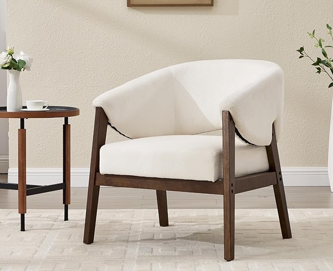 Mid-Century Modern Accent Chairs Set of 2, Comfy Barrel Armchairs with Wide Seat, Upholstered Lounge Chairs with Walnut Wood Legs for Living Room/Bedroom/Reading Corner, Chenille, Beige-Ruum Studio Home
