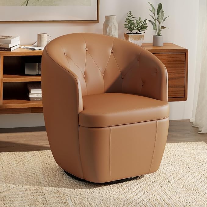 360° Swivel Leather Accent Chair, Modern Barrel Club Chair with Leather Upholstery and Sturdy Base, Comfortable Armchair for Living Room, Bedroom, Reading Nook, Brown-Ruum Studio Home