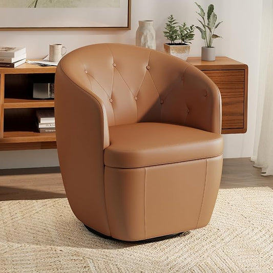 360° Swivel Leather Accent Chair, Modern Barrel Club Chair with Leather Upholstery and Sturdy Base, Comfortable Armchair for Living Room, Bedroom, Reading Nook, Brown-Ruum Studio Home