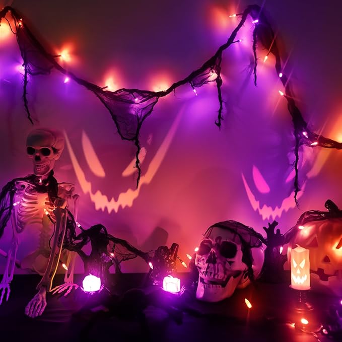 Halloween Horror Atmosphere Lights, Orange&Purple LED String Lights with 9.9FT Creepy Black Gauze, Battery Powered with Timer & 8 Flashing Modes (Orange & Purple)-Ruum Studio Home