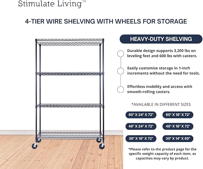 60"x18"x72" Prime Heavy Duty Black 4-Tier Wire Shelving NSF 3200 LBS MAX Capacity Storage Rack for Commercial, Hospital, School, Garage, and Kitchen Uses (with Wheels)-Ruum Studio Home