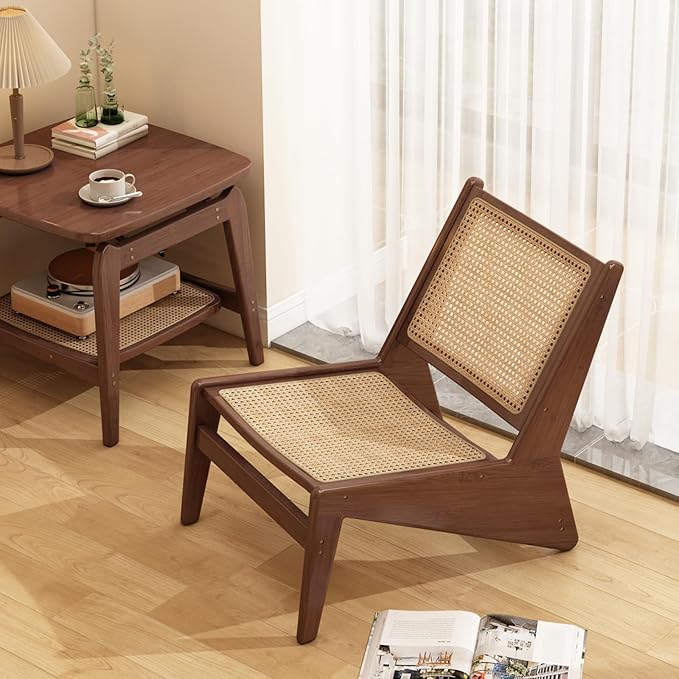 Mid-Century Accent Chair, Rattan Lounge Chair for Living Room, Boho Side Corner Comfy Chair for Bedroom and Balcony, Walnut-Ruum Studio Home