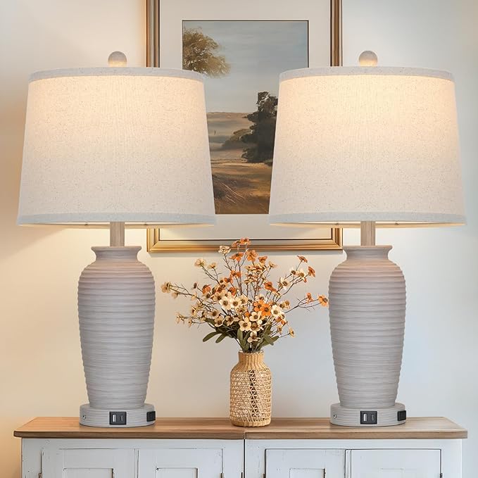 25“ Traditional Table Lamps Set of 2, Bedside Touch Lamp with USB C+A Charging Ports, Rustic Farmhouse Jar Table Lamps for Living Room Bedroom, Side Table Lamp with Beige Fabric Shade, Antique Grey-Ruum Studio Home