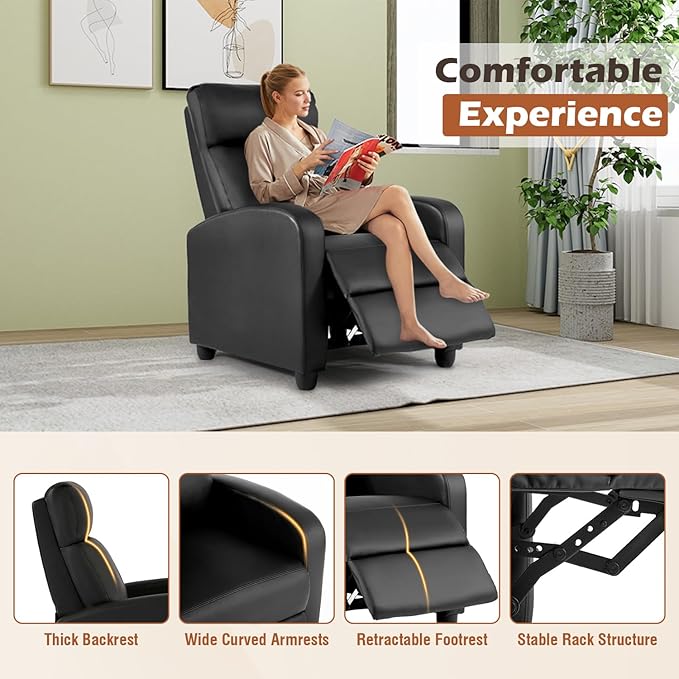 BestMassage | Recliner Chair | No Massage Function | Leather Black | with Lumbar Support, Adjustable Push Back, Wide Armrests, Footrest & Padded Seat | Easy Assembly | for Living Room, Home Theatre-Ruum Studio Home