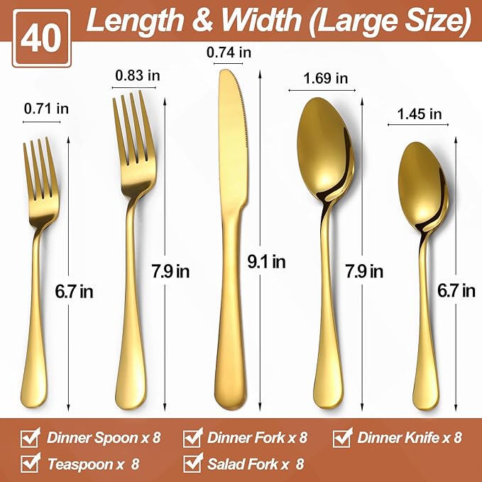Lazycorner 40 Pcs Gold Silverware Set for 8, Food Grade Stainless Steel Flatware Set Include Fork/Knife/Spoon, Mirror Polished Eating Utensils Sets, Reusable Silverwear Cutlery Set, Dishwasher Safe-Ruum Studio Home