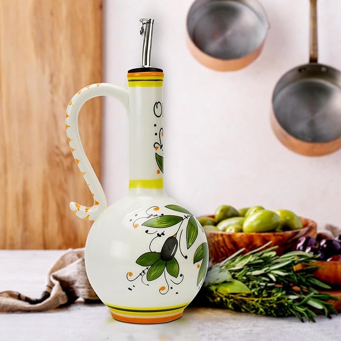 Hand-Painted Ceramic Olive Oil Dispenser Bottle – 15oz Decorative Stoneware Cruet with Stainless Steel Spout for Oil, Vinegar, Syrups, and Sauces-Ruum Studio Home