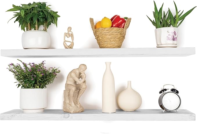 BGMG Floating Shelves for Wall 48 inch Long,Rustic Solid Wooden Deep Wall Shelves for Bathroom Living Room Bedroom Kitchen Farmhouse Set of 2-48x6.7x1.25 inch- White-Ruum Studio Home