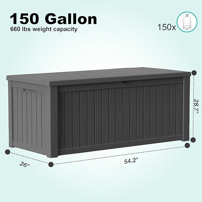 150Gal Outdoor Deck Box Waterproof, Lager Patio Storage Box Indoor and Outdoor Use, Lockable Resin Storage Bin for Patio Furniture Cushions Garden Tools, Package Delivery,UV Resistant-Black-Ruum Studio Home