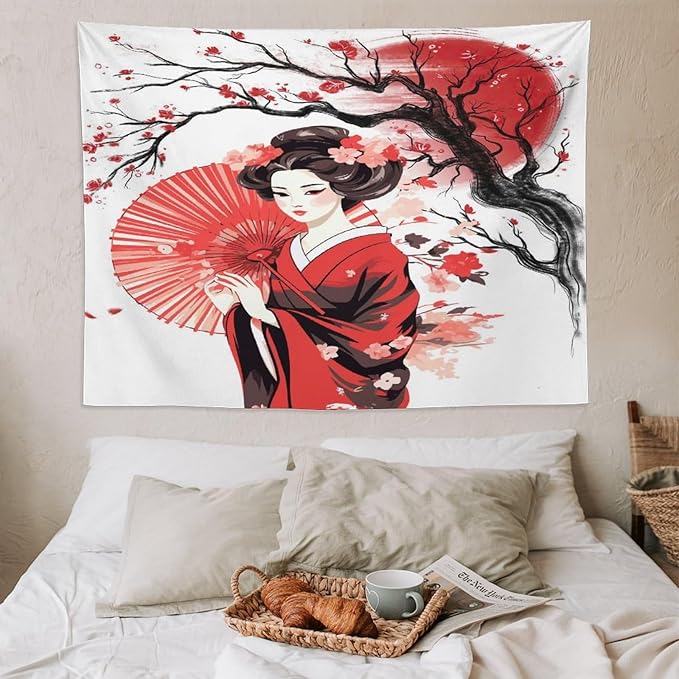 Japanese Red Geisha Tapestry Asian Cherry Blossom Traditional Kimono Folk Tapestries Home Decor for Living Room Bedroom Apartment Farmhouse Dorm 80"x60"-Ruum Studio Home