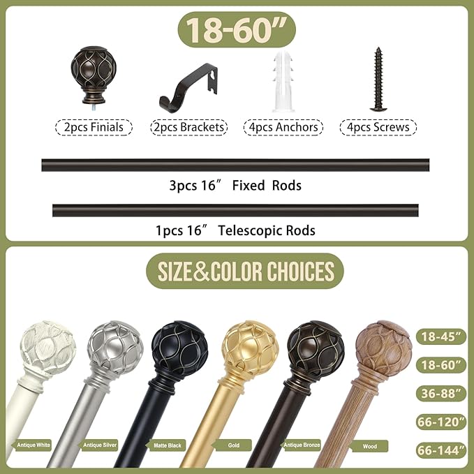 Bronze Farmhouse Curtain Rods for Windows:18-60 Inch Heavy Duty Adjustable Curtain Rod for Bedroom Living Room,Boho Decorative Rustic Drapery Rods with Vintage Coastal Finial,Antique Bronze-Ruum Studio Home