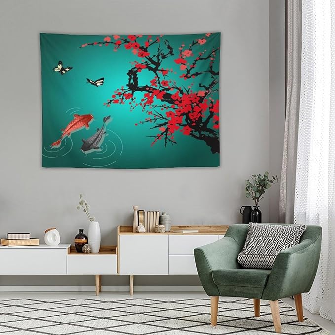 Japanese Koi Fish Tapestry, Cherry Blossoms Asian Oriental Green Teal Floral Branch Koi Fish Carp Tapestries Wall Hanging for Bedroom Living Room Office Decor 40"x30"-Ruum Studio Home