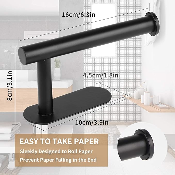 Toilet Paper Holder,Adhesive,Matt Black,Wall Mount,Toilet Paper Roll Holder,no Drilling,Bathroom/Rv/Washroom, SUS 304 Stainless Steel, Rustproof (Black, 1 Piece)-Ruum Studio Home