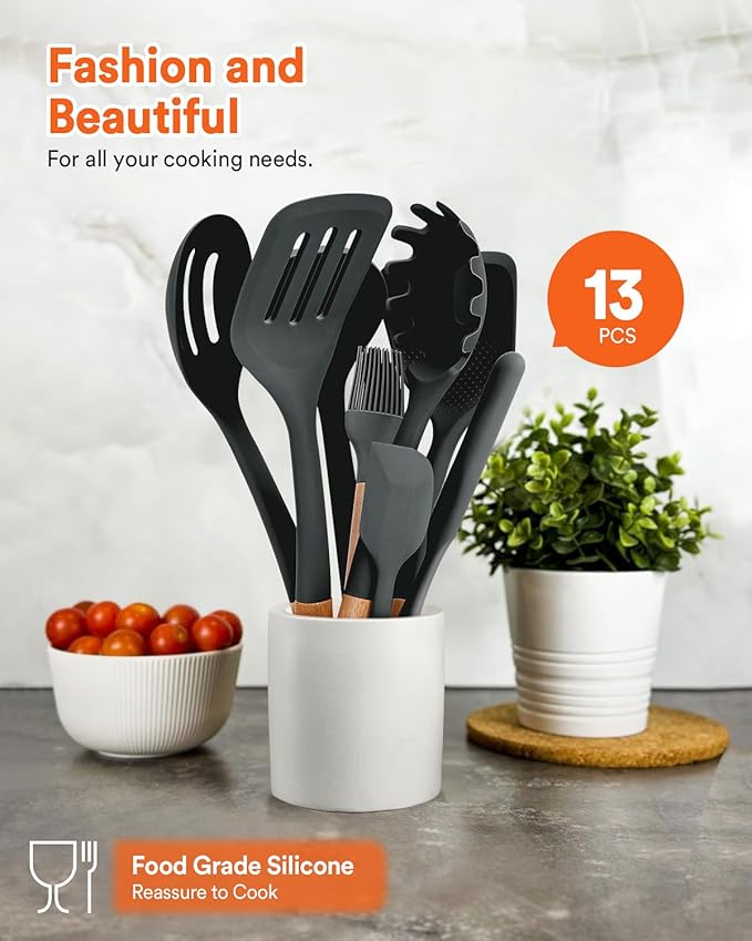 Kitchen Utensils Set, 13PCS Silicone Cooking Utensils, Heat Resistant Kitchen Utensil Spatula Set for Nonstick Cookware, Wooden Handles Kitchen Gadgets Tools Set-Ruum Studio Home