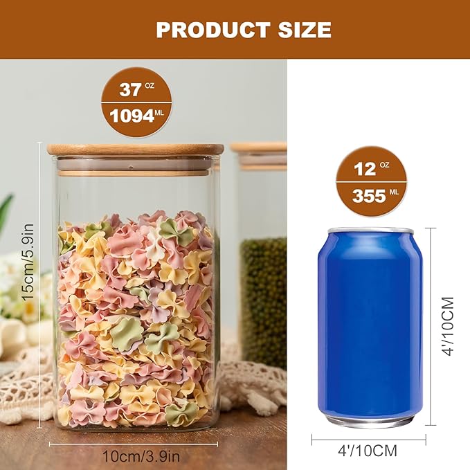 Glass Food Storage Jars 37 oz Set of 6,Glass Storage Containers Clear Glass Food Canister with Bamboo Lid Airtight For Serving Tea, Coffee, Flour, Sugar, Candy, Cookie, Spice and More (Square)-Ruum Studio Home