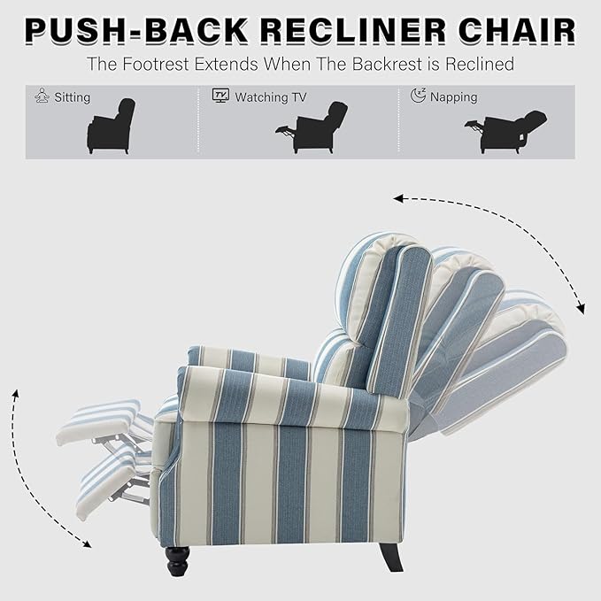 UIXE Pushback Recliner Chair Push Back Accent Chair, Fabric Overstuffed Armchair for Living Room, Rivet Trim Club Chair Home Theater Single Sofa Bedroom Reading Seat - Stripe Navy-Ruum Studio Home