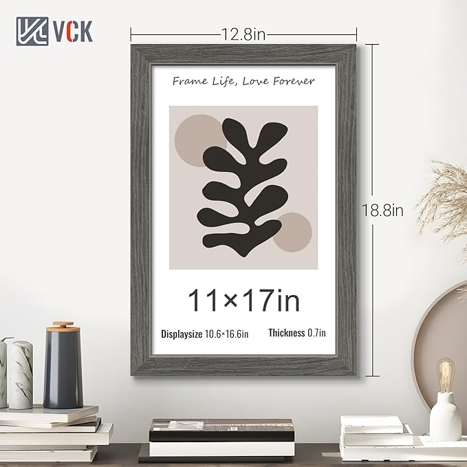 VCK 11x17 Picture Frame 3 Pack, Gray Solid Wood Poster Picture Frame, Exclusive Wood Grain, Wall Mounting Hanging-Ruum Studio Home