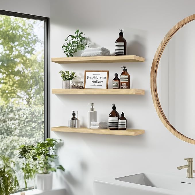Floating Wall Shelves 3-Pack - 24-Inch Rustic Wooden Shelves for Storage and Décor, Easy Installation for Living Room, Bedroom, and Kitchen-Ruum Studio Home