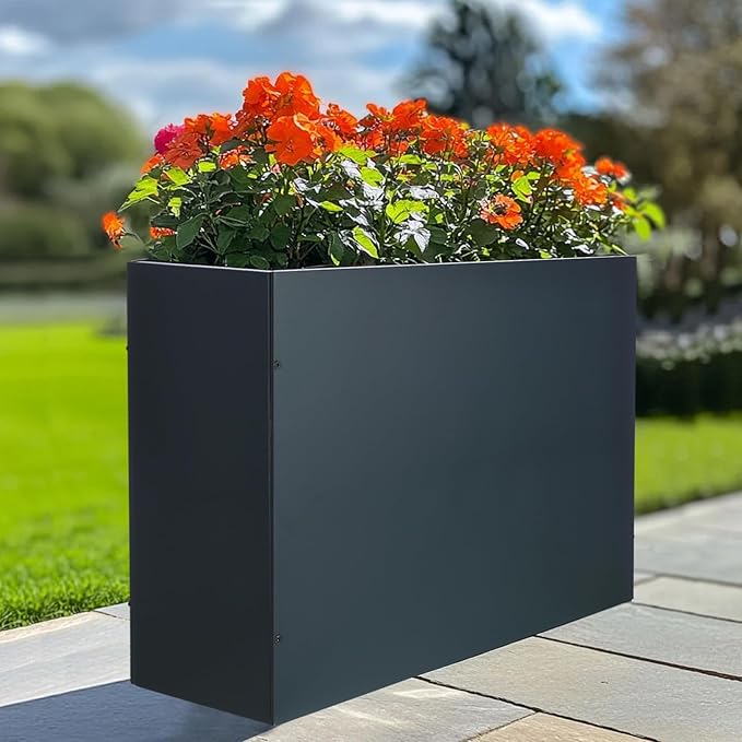 BAYN Metal Rectangular Planter Box Tall Planters for Outdoor Plants Modern Heavy Duty with Drainage Holes for Outside Indoor Patio Deck - Grey, 32”x 12”x 24”-Ruum Studio Home