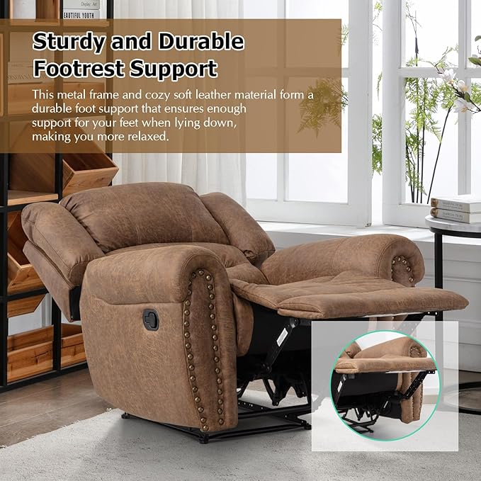 CANMOV Leather Recliner Chair, Classic Breathable Manual Recliner Chair with Comfortable Arm and Back Single Sofa for Living Room, Camel-Ruum Studio Home